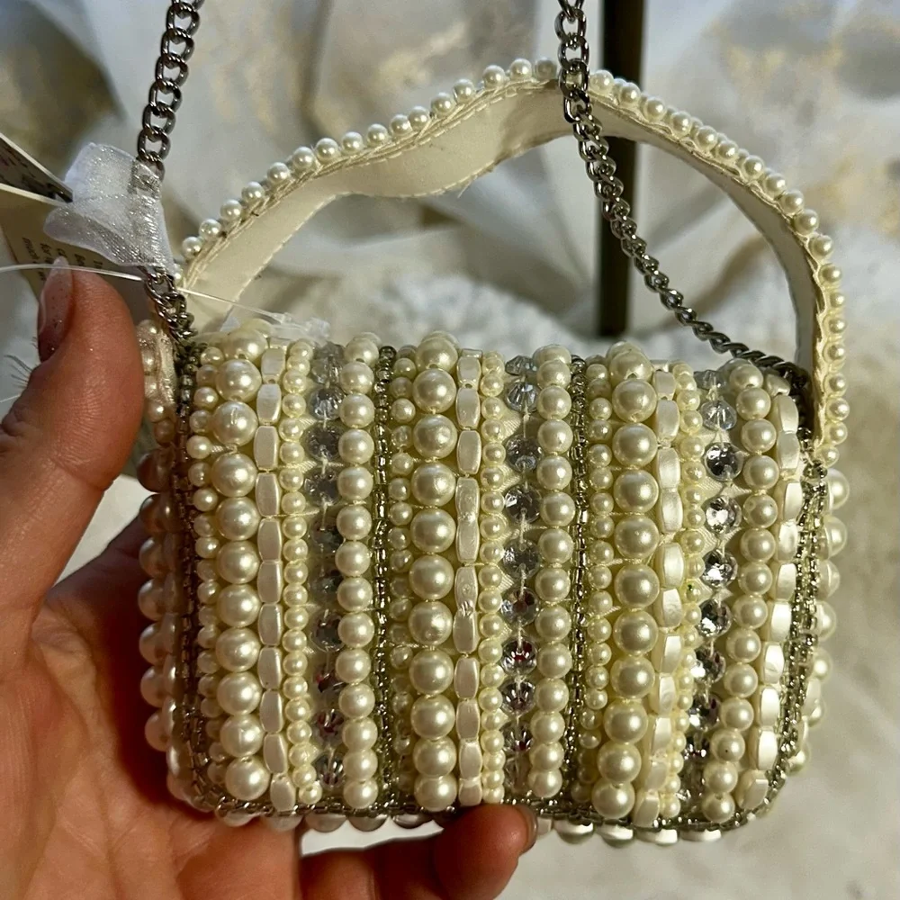Made in India WHITE and silver beaded mini crossbody ba